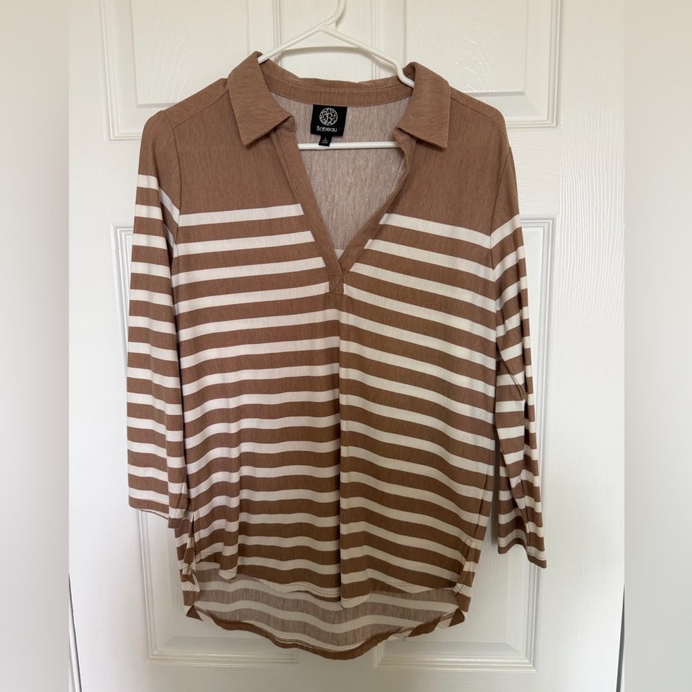 Bobeau Taupe and Cream Striped Collared Top